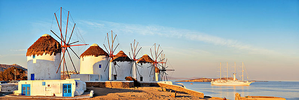 风车,全景,著名地标,米克诺斯岛,希腊