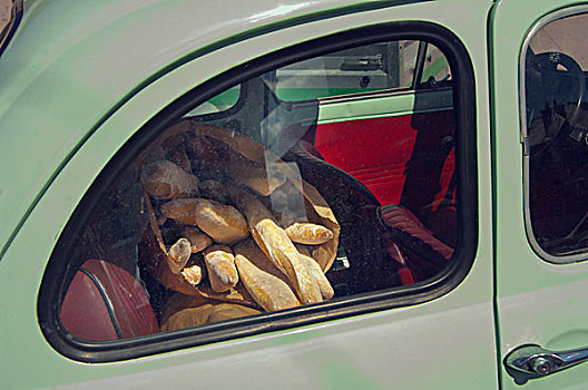 包,法棍面包,后座,老爷车,法国