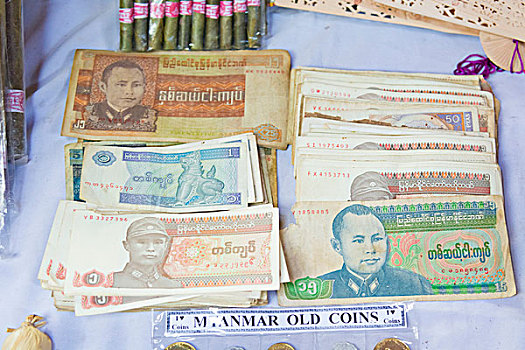 缅甸,蒲甘,市场,老,货币,出售,图像,革命