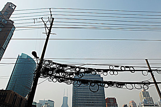 盘绕,电线,高处,街道,上海,中国