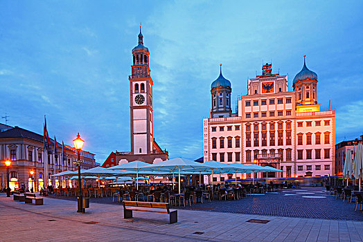 市政厅,黄昏,奥格斯堡,巴伐利亚,德国,欧洲