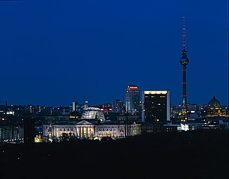 德国国会大厦,柏林,德国,外景,夜晚