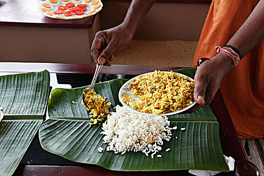 稻米,蔬菜,香蕉,叶子,喀拉拉,印度南部,南亚,亚洲