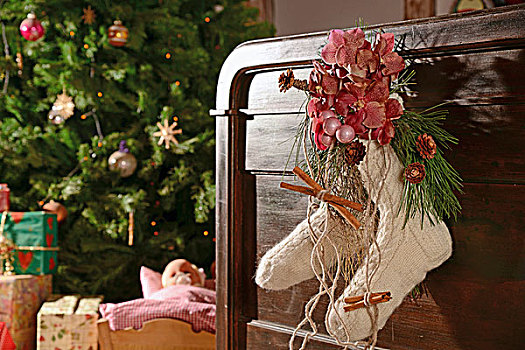 兰花,肉桂棒,毛织品,袜子,圣诞节,安放,木质,床