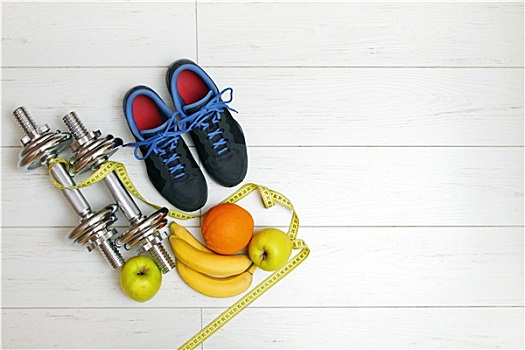 健身,设备,水果,白色背景,厚木板,地面
