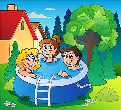 花园,三个,儿童,水池