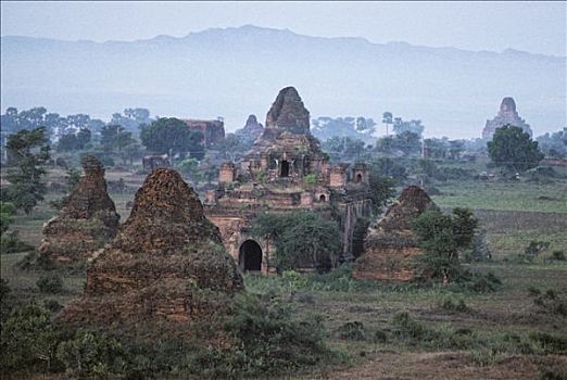 缅甸,异教,全景,毁坏,塔,薄雾