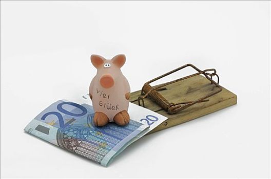 幸运,猪,20欧元,钞票,老鼠夹