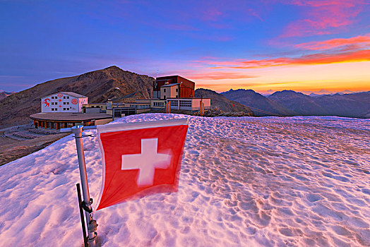 日出,休憩之所,瑞士,旗帜,前景,恩加丁,格劳宾登,欧洲