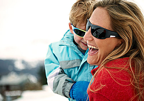 滑雪,母亲,幼儿,儿子