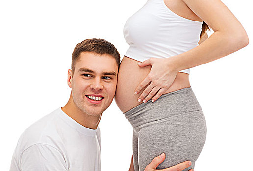 怀孕,亲子,高兴,概念,父亲,听,腹部,妻子