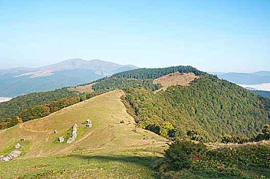 老,木屋,山谷,秋天,喀尔巴阡山脉,风景,早晨