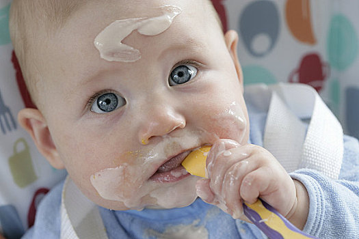 婴儿,塑料制品,勺子,食物,脸