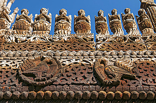雕刻,上面,金色宫殿柚木寺,庙宇,曼德勒,缅甸