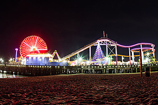 圣莫尼卡码头,光亮,夜晚,加利福尼亚,美国