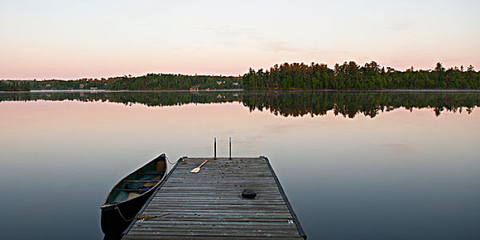 独木舟,水,旁侧,码头,日落,湖,木,安大略省,加拿大