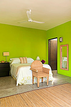 皇后,床,明亮,涂绘,绿色,卧室,藤条,框架,镜子