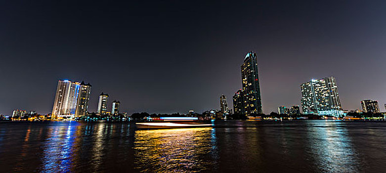 天际线,船,河,夜晚,曼谷,泰国,亚洲