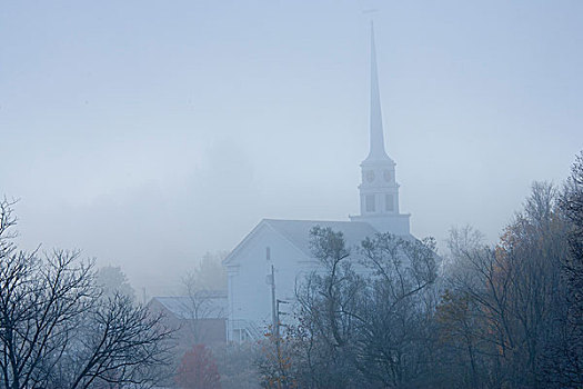 美国,佛蒙特州,教堂,雾状,早晨