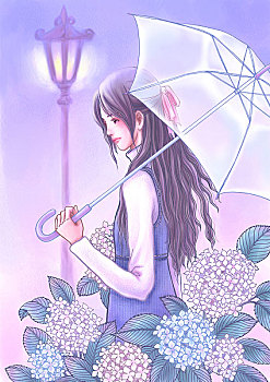 时尚插画、路灯、伞、长发女孩、侧脸、牛仔连衣裙、花丛