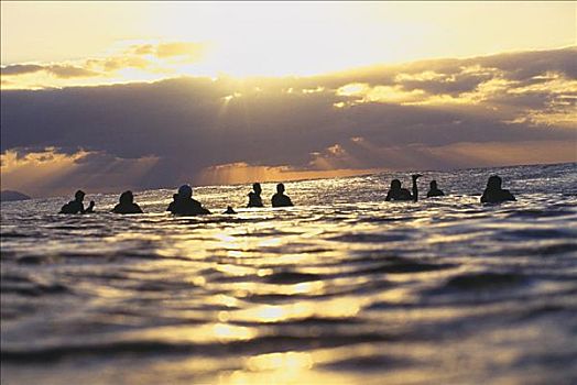 冲浪,等待,日落