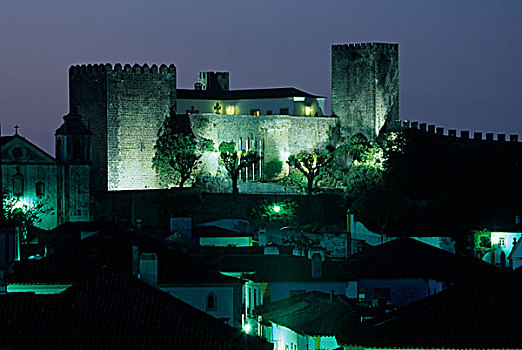 葡萄牙,奥比都斯,12世纪,城堡,夜晚,墙壁,围绕,山,城镇