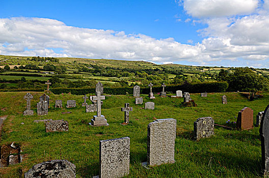 老,墓地,教堂,远眺,风景,达特姆尔高原,摩尔人的,德文郡,英格兰,英国,欧洲