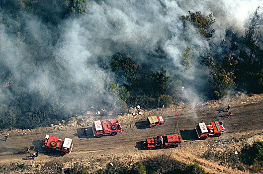 法国,普罗旺斯,俯视,消防员,卡车,森林火灾