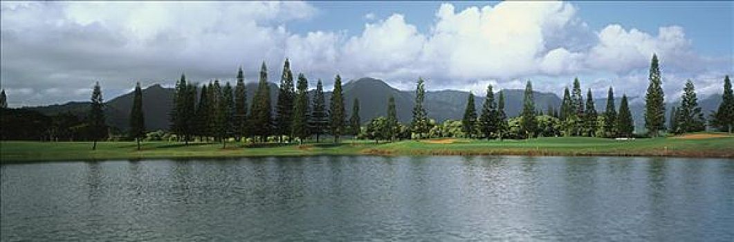 夏威夷,考艾岛,普林斯维尔,胜地,高尔夫球场,湖,场地,洞,水,全景