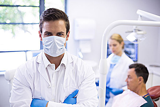 头像,牙医,穿,手术口罩,同事,检查,病人,背景