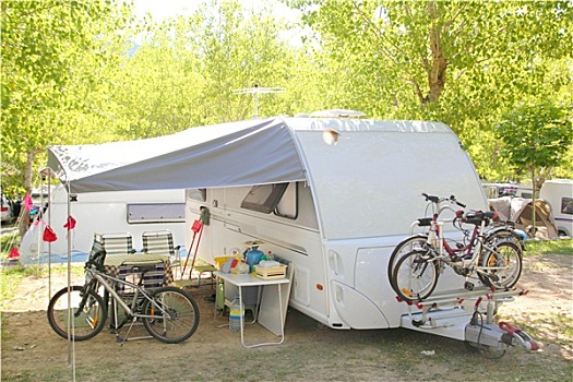 露营,房车,树,公园,自行车