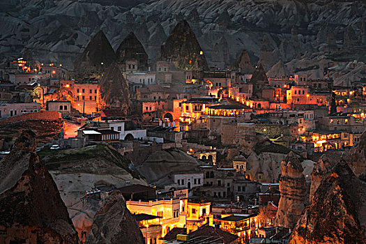 俯视,建筑,夜晚,卡帕多西亚,土耳其