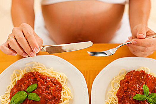 吃,两个,饥饿,孕妇,意大利面,正面