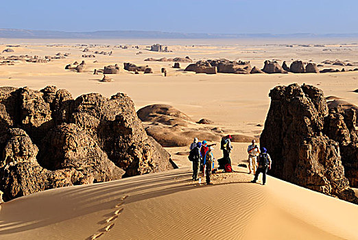 多,游客,远足者,砂岩,石头,排列,锡,塔西里,阿哈加尔,塔曼拉塞特,阿尔及利亚,撒哈拉沙漠,北非