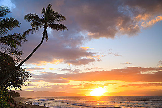 日落,海滩,威美亚湾,夏威夷