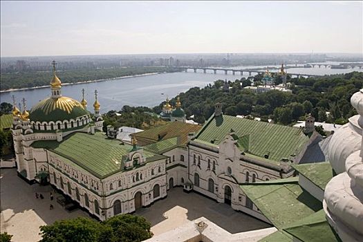 乌克兰,基辅,寺院,洞穴,风景,穹顶,教堂,小,金色,塔,绿河,侧面,城市,河,2004年