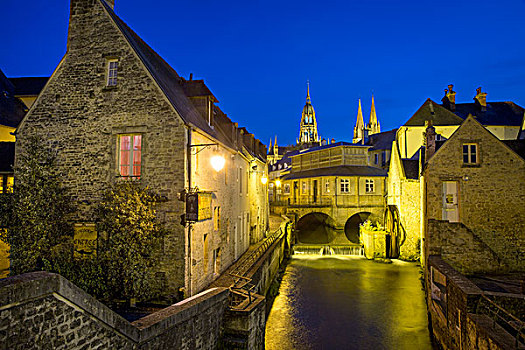 黃昏,风景,上方,河,中世纪,城镇,诺曼底,法国