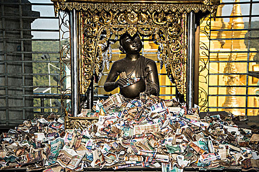 雕塑,纸币,货币,供品,佛教,寺院,塔,蒲甘,曼德勒省,缅甸,亚洲