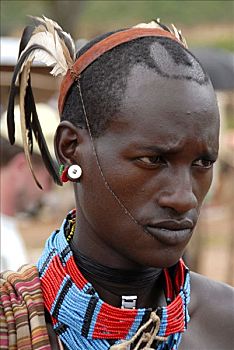 肖像,男青年,人,羽毛,头部,彩色,项链,市场,埃塞俄比亚