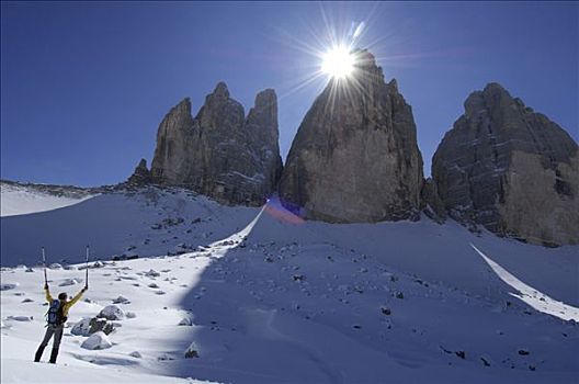 雪鞋,正面,山,意大利,三个山峰,山谷,高,多罗迈特,阿尔卑斯山,欧洲