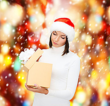 圣诞节,圣诞,冬天,高兴,概念,疑虑,女人,圣诞老人,帽子,礼盒