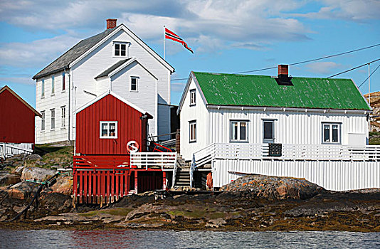 传统,挪威,乡村,红色,白色,木屋,岩石,海岸