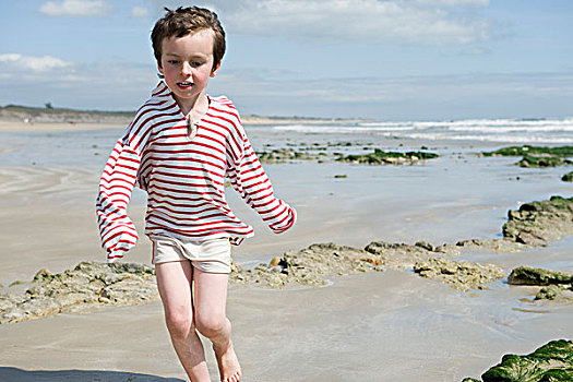 男孩,跑,海滩