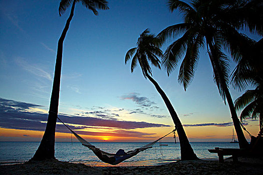 吊床,日落,种植园,岛屿,玛玛努卡群岛,斐济,南太平洋