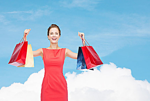 购物,销售,圣诞节,假日,概念,笑,优雅,女人,红裙,购物袋