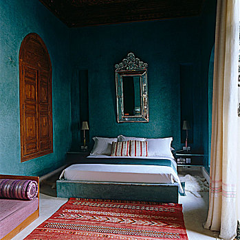 一个,卧室,利雅得,低,水泥,床架,涂绘,相同,墙壁