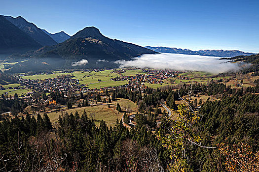 风景,山谷,坏,乌伯多夫,左边,中间,巴特辛德朗,雾,右边,巴伐利亚,德国,欧洲