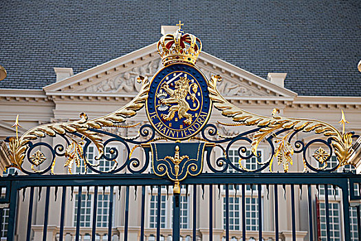 盾徽,皇冠,围栏,正面,宫殿,皇宫,海牙,荷兰,欧洲