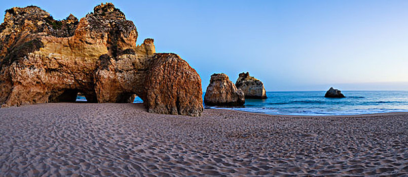 沙滩,岩石构造,黄昏,阿尔加维,葡萄牙