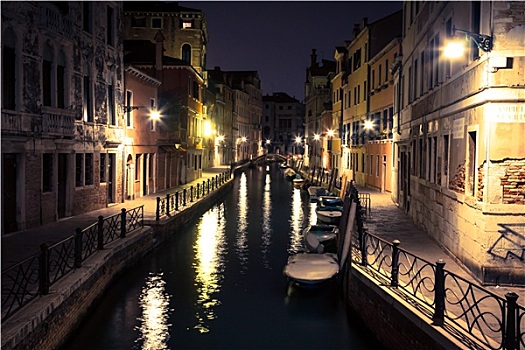 风景,小,运河,威尼斯,夜晚
